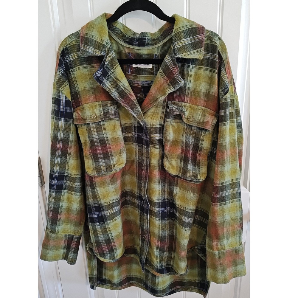 We The Free Free People Plaid Flannel Shirt Green Orange Oversized Medium
